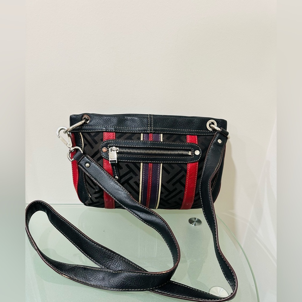 Tignanello Leather‎ & Canvas Crossbody/Shoulder Bag Red/black Travel Casual